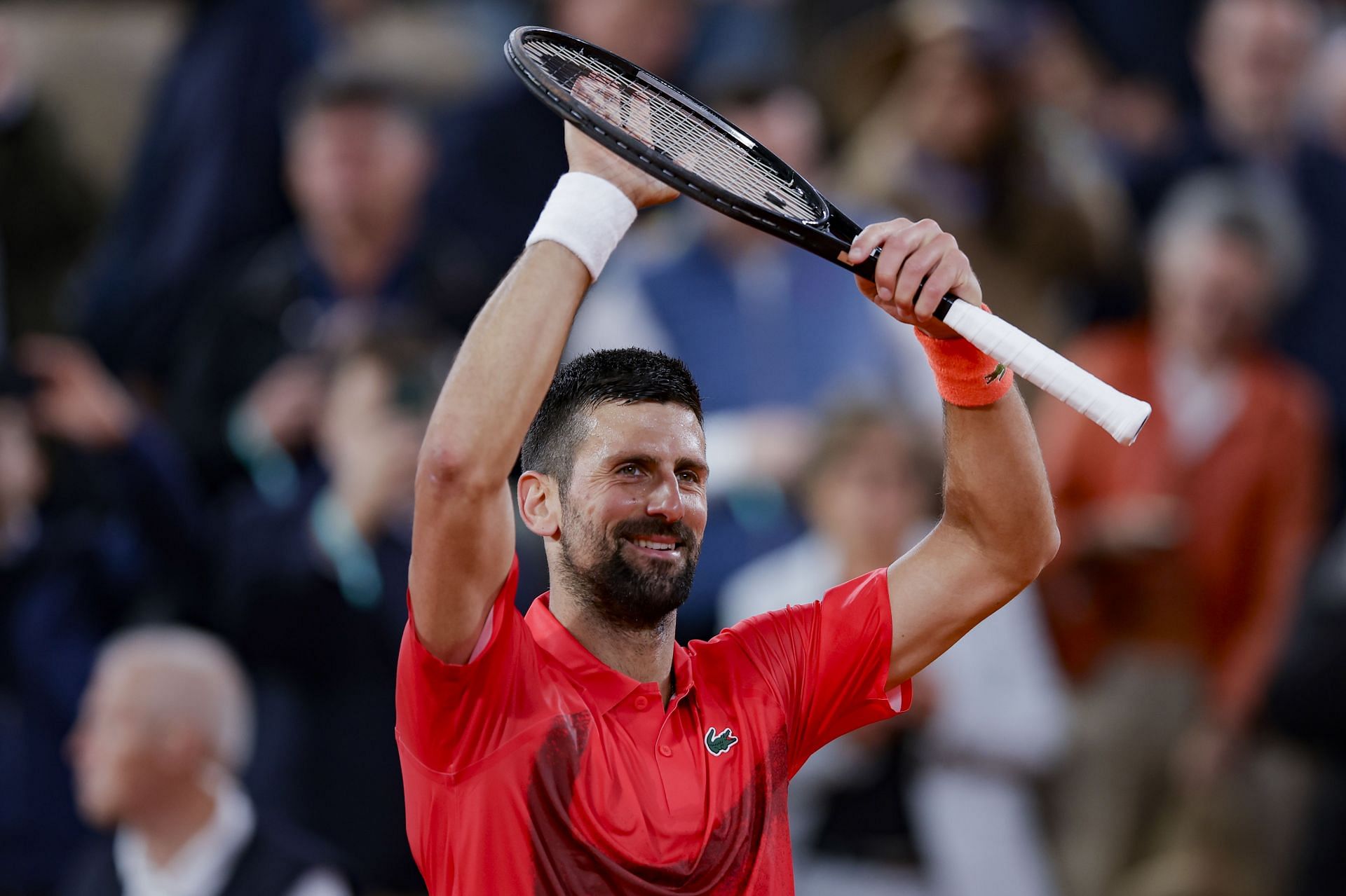 Novak Djokovic celebrates his first-round win at the 2025 French Open (Source: Getty)